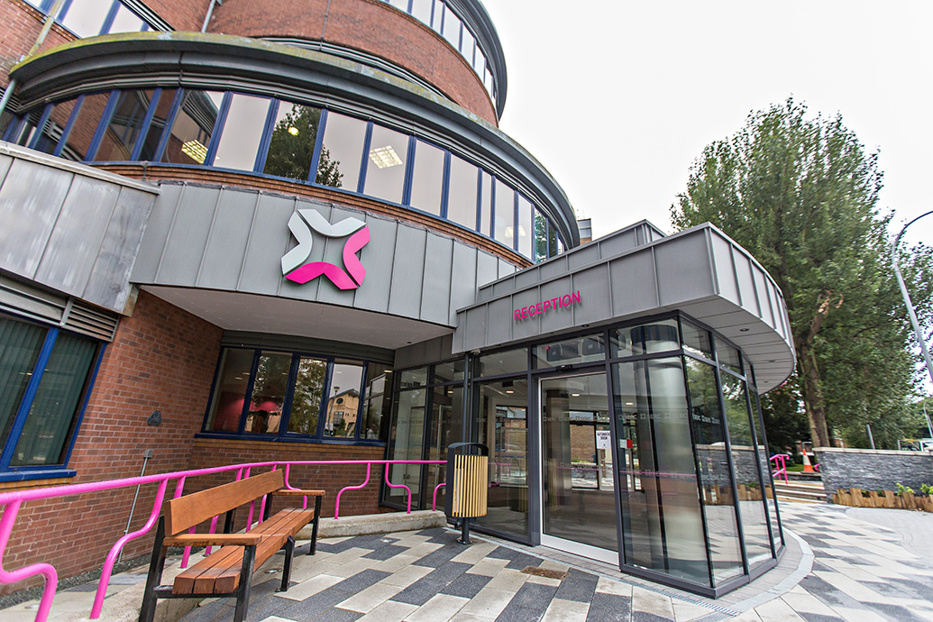 Exterior of SERC's Bangor Campus with SERC logo and Reception above entrance